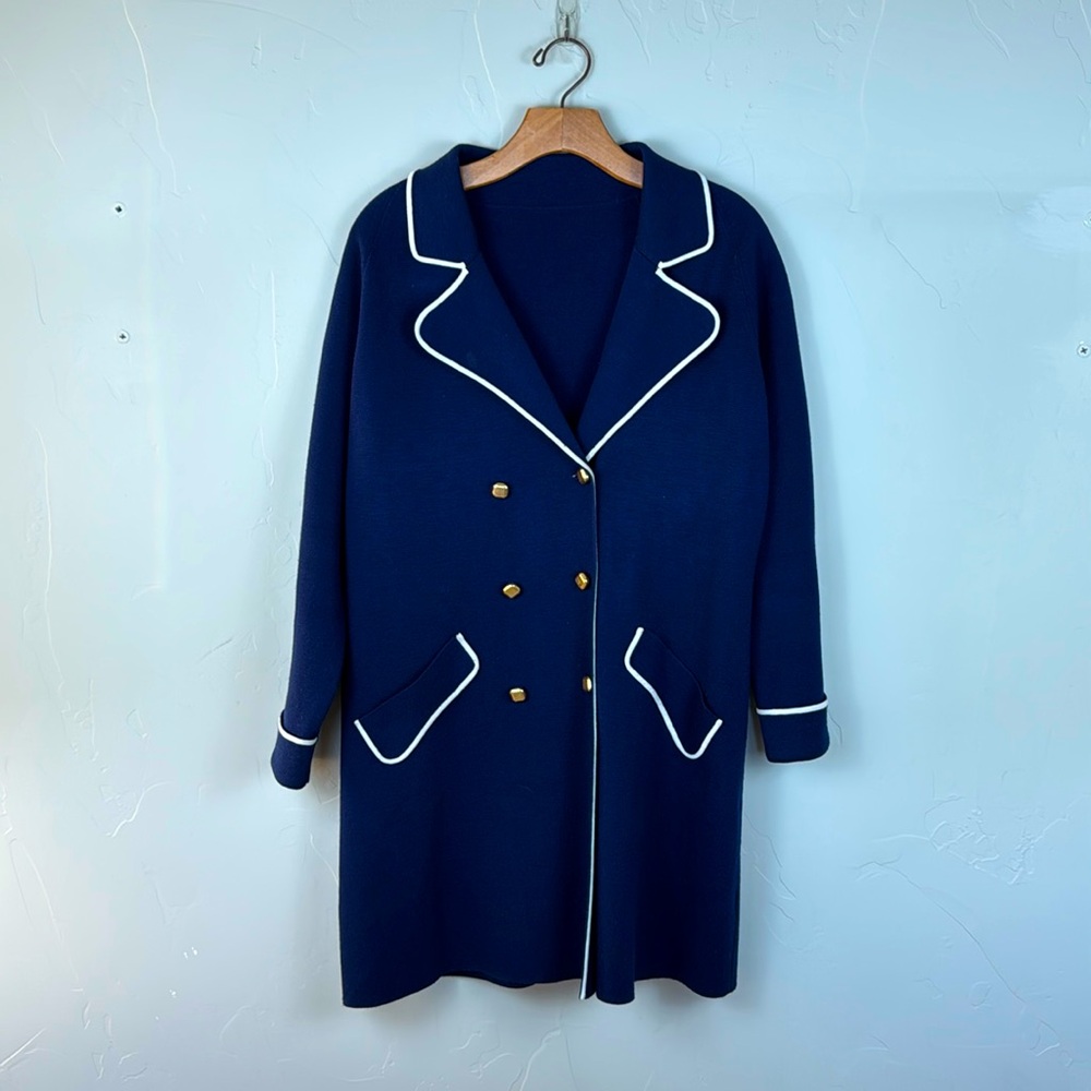 Vintage 50’s Nautical Knit Pea Coat Navy White Piping Medium
